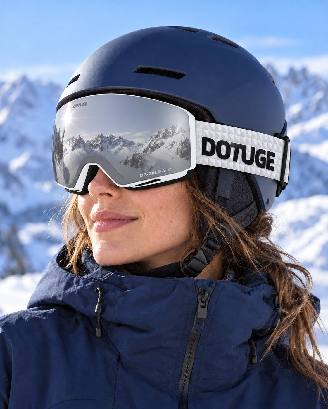 Orbit 1 | Snow Goggles | Spherical Lens, UV400 Protection | Skiing and Snowboarding-Silver Lens / White Frame / White Strap – worn with a ski helmet, close-up – Snowledge