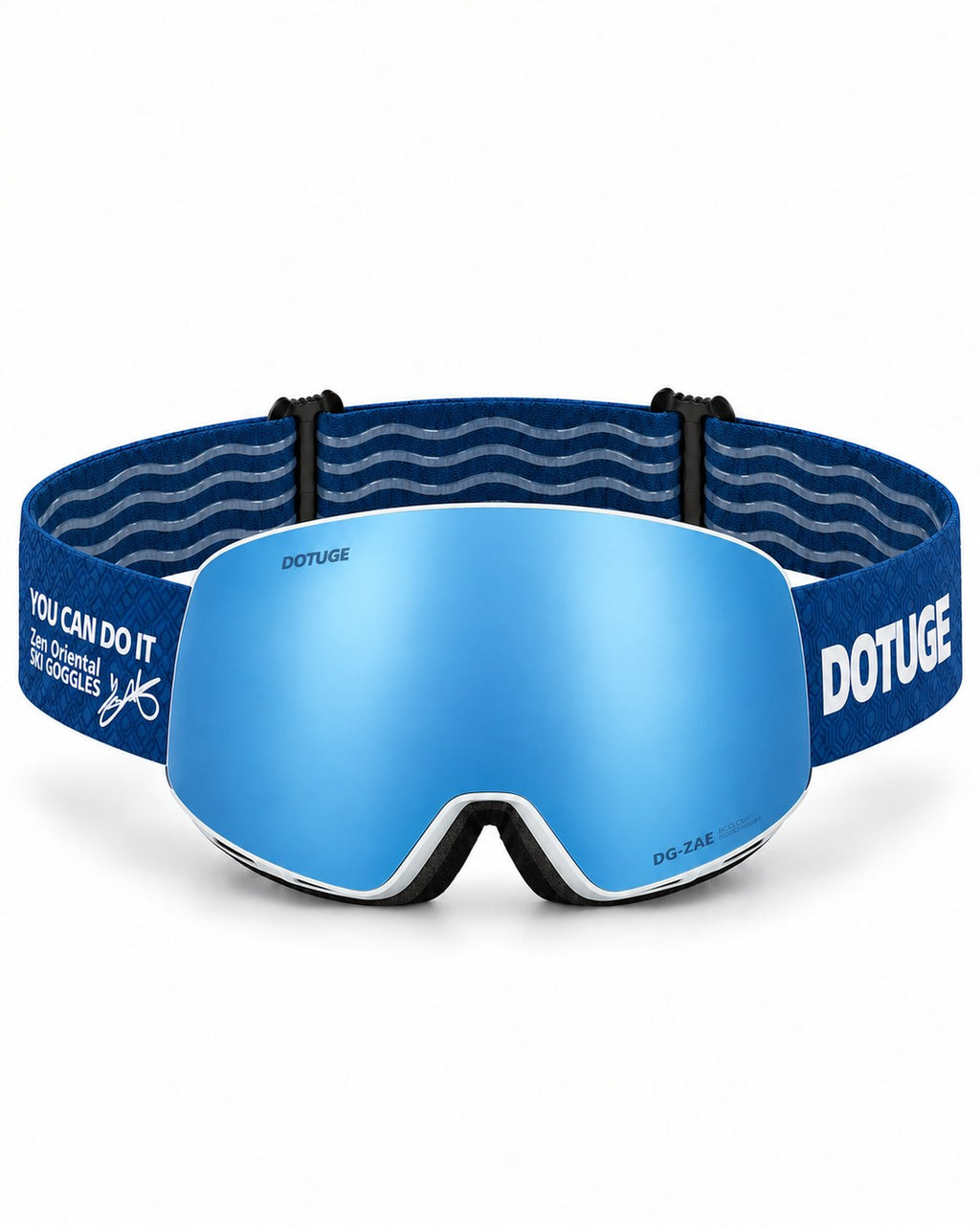 Orbit 3 | Snow Goggles | Spherical Lens, UV400 Protection | Skiing and Snowboarding-Blue Lens / White Frame / Blue Strap – front view, studio – Snowledge