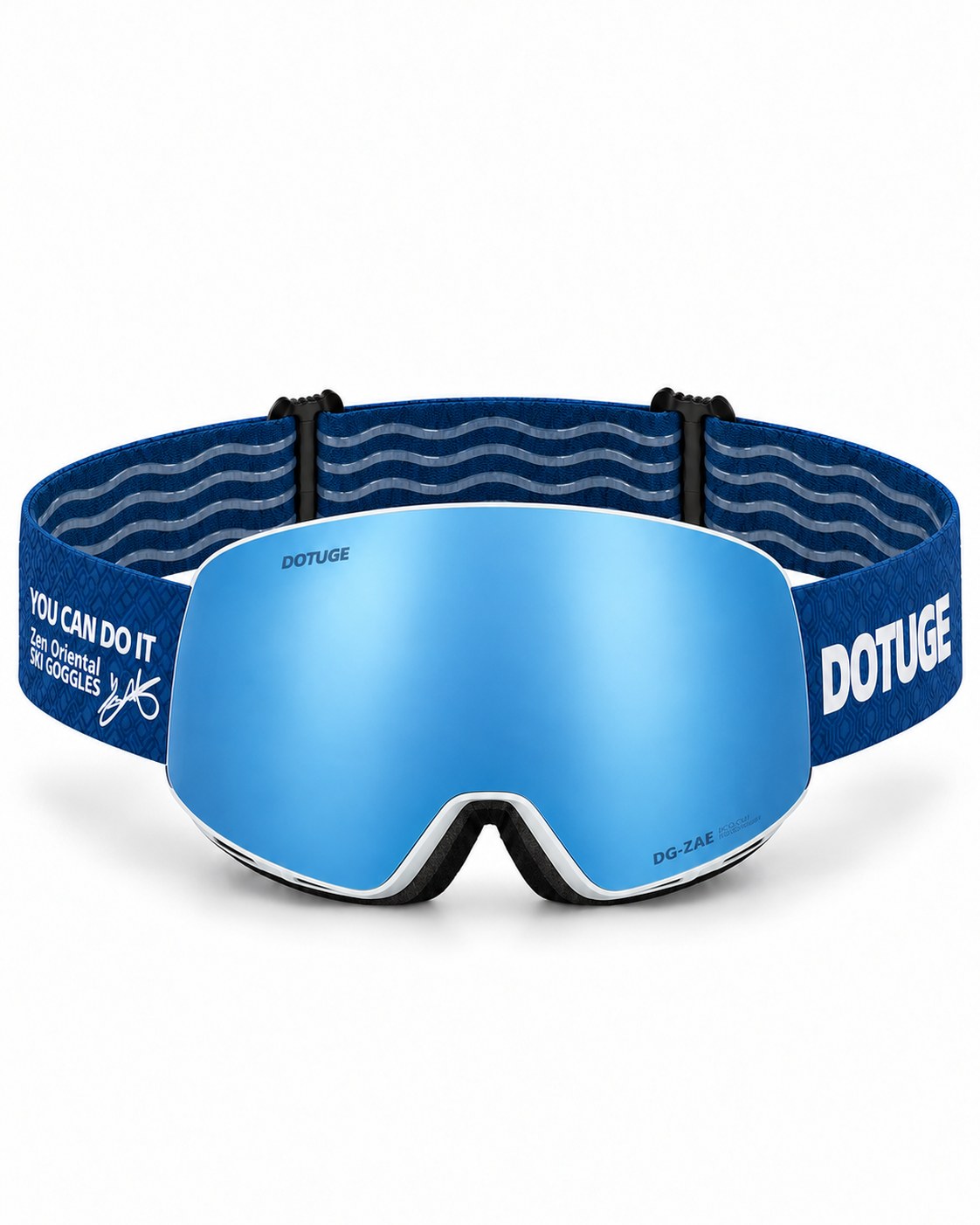 Orbit 3 | Snow Goggles | Spherical Lens, UV400 Protection | Skiing and Snowboarding-Blue Lens / White Frame / Blue Strap – front view, studio – Snowledge