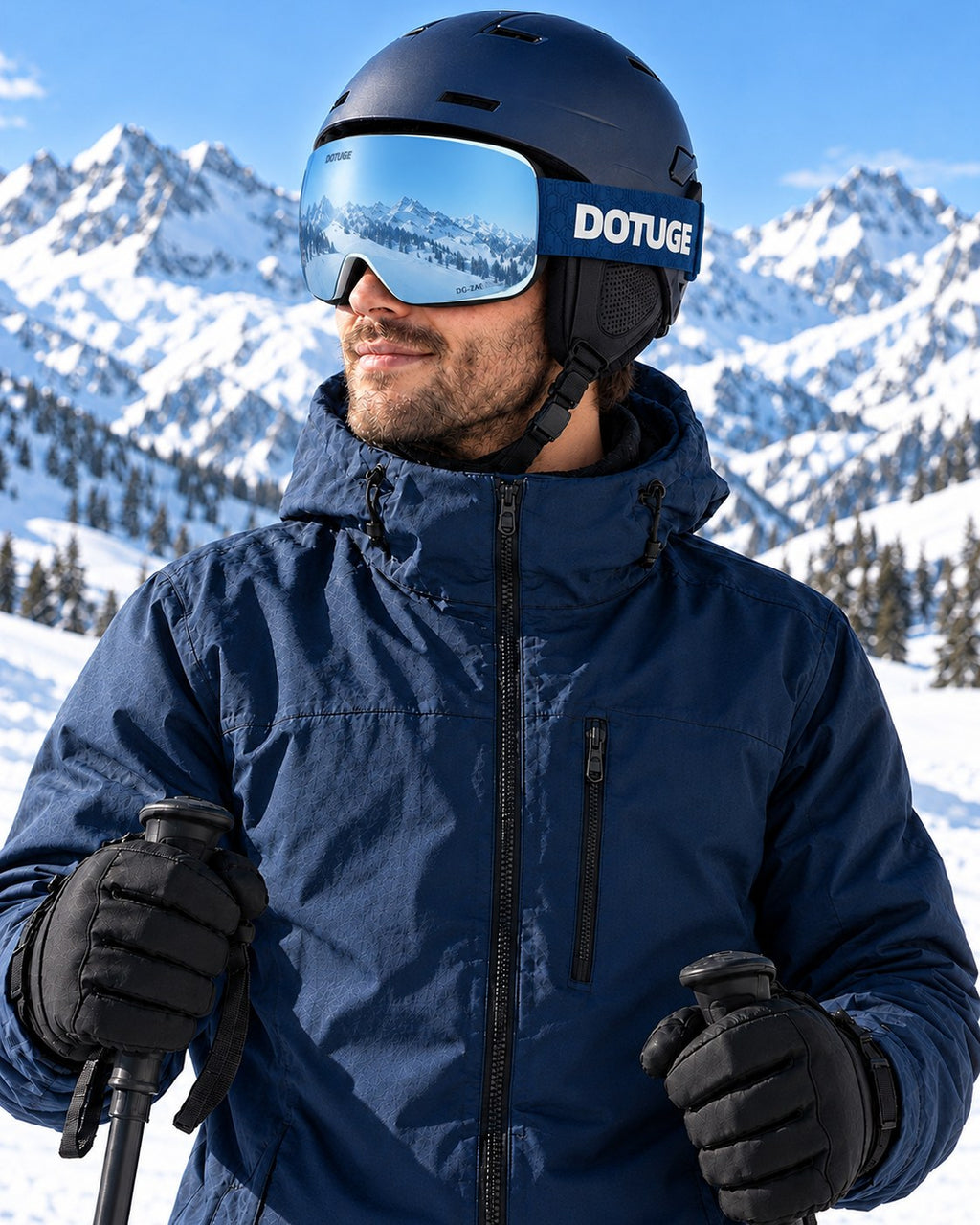 Orbit 3 | Snow Goggles | Spherical Lens, UV400 Protection | Skiing and Snowboarding-Blue Lens / White Frame / Blue Strap – worn by a skier on the slopes – Snowledge