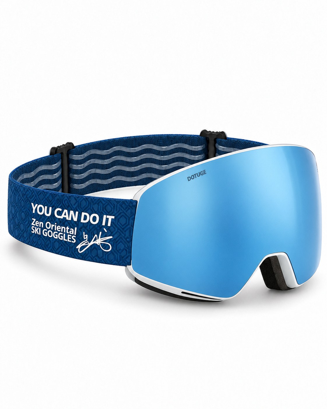 Orbit 3 | Snow Goggles | Spherical Lens, UV400 Protection | Skiing and Snowboarding-Blue Lens / White Frame / Blue Strap – opposite side view, studio – Snowledge