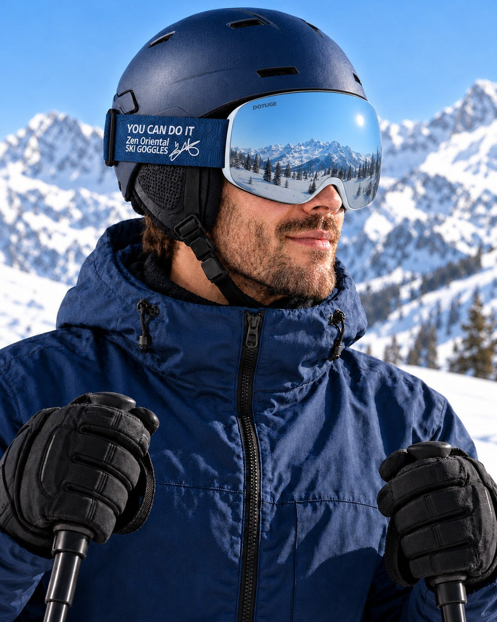 Orbit 3 | Snow Goggles | Spherical Lens, UV400 Protection | Skiing and Snowboarding-Blue Lens / White Frame / Blue Strap – side view worn by a skier – Snowledge