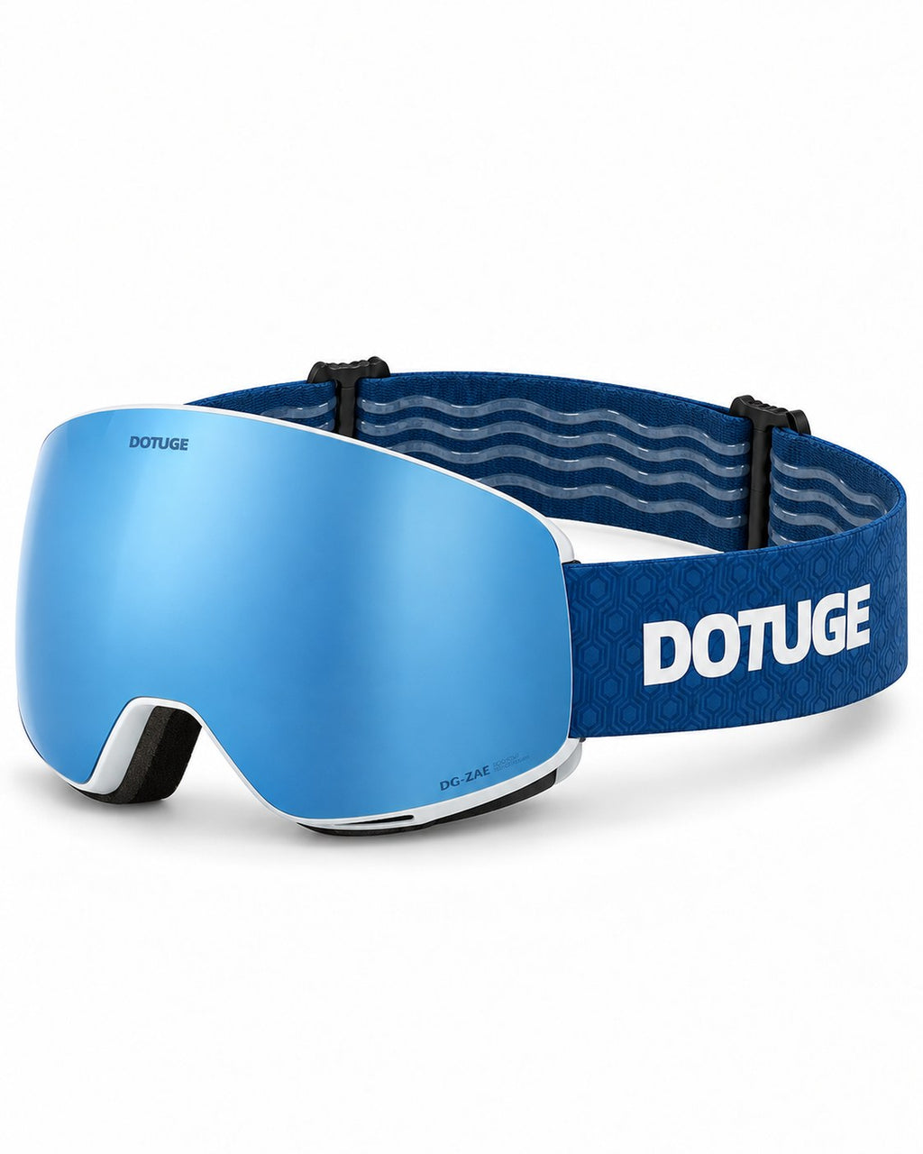 Orbit 3 | Snow Goggles | Spherical Lens, UV400 Protection | Skiing and Snowboarding-Blue Lens / White Frame / Blue Strap – three-quarter view, studio – Snowledge