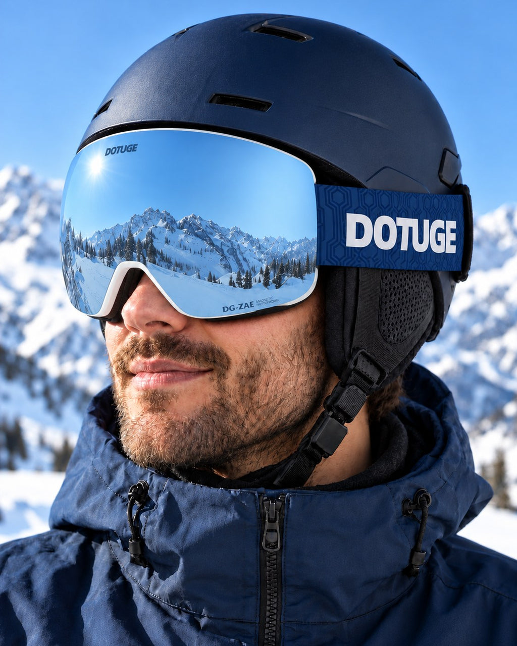 Orbit 3 | Snow Goggles | Spherical Lens, UV400 Protection | Skiing and Snowboarding-Blue Lens / White Frame / Blue Strap – worn with a ski helmet, close-up – Snowledge