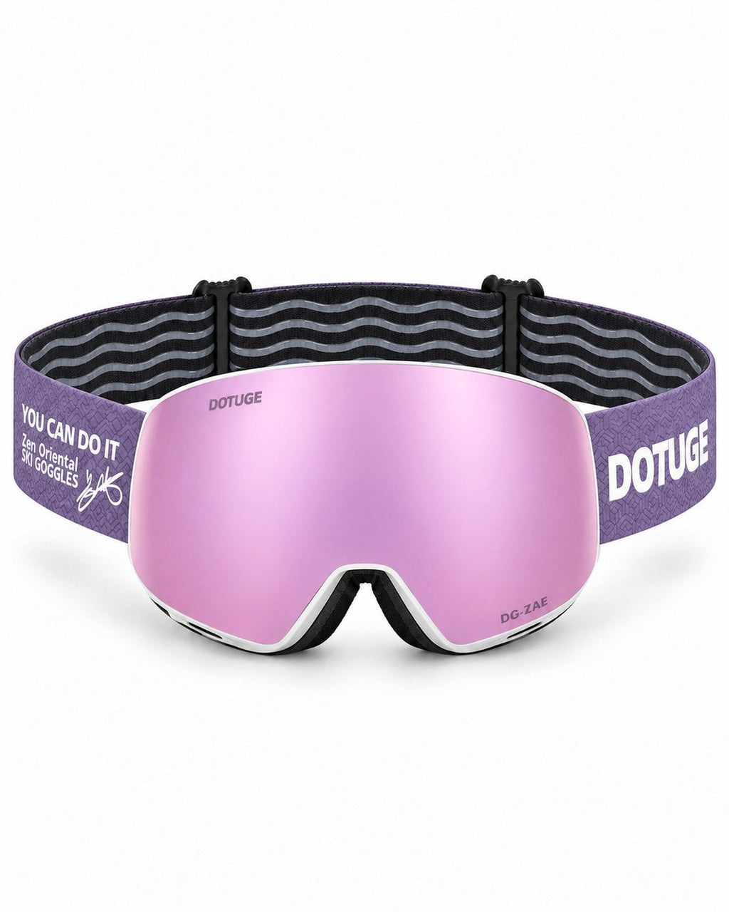 Orbit 4 | Snow Goggles | Photochromic Spherical Lens, UV400 Protection | Skiing and Snowboarding-Purple Lens / White Frame / Purple Strap – front view, studio – Snowledge