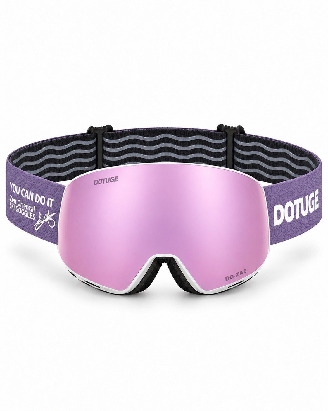 Orbit 4 | Snow Goggles | Photochromic Spherical Lens, UV400 Protection | Skiing and Snowboarding-Purple Lens / White Frame / Purple Strap – front view, studio – Snowledge