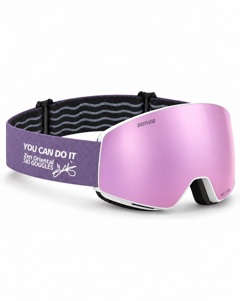 Orbit 4 | Snow Goggles | Photochromic Spherical Lens, UV400 Protection | Skiing and Snowboarding-Purple Lens / White Frame / Purple Strap – opposite side view, studio – Snowledge