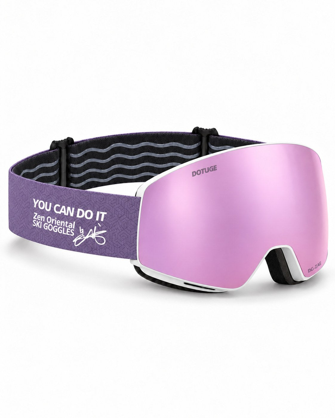 Orbit 4 | Snow Goggles | Photochromic Spherical Lens, UV400 Protection | Skiing and Snowboarding-Purple Lens / White Frame / Purple Strap – opposite side view, studio – Snowledge