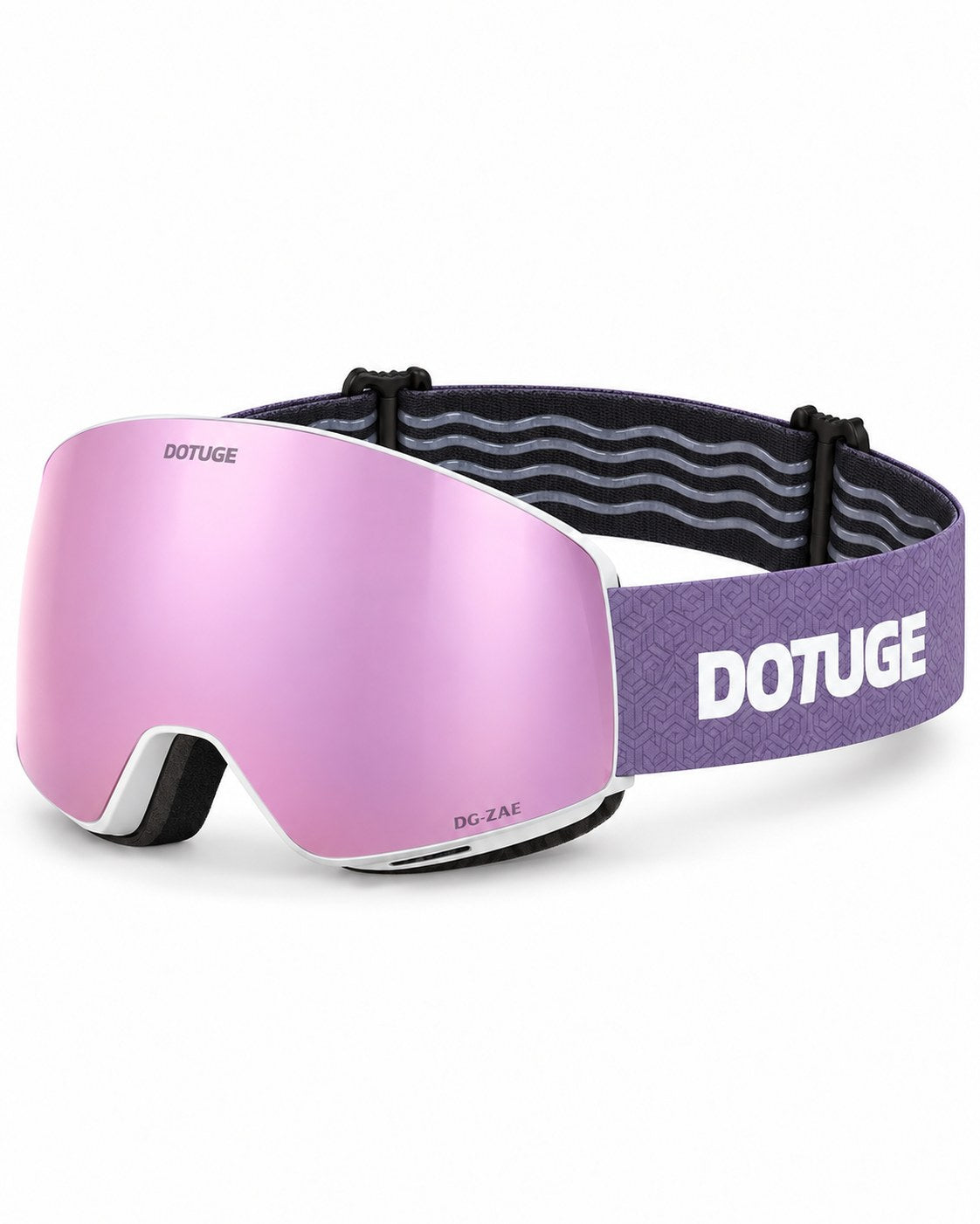 Orbit 4 | Snow Goggles | Photochromic Spherical Lens, UV400 Protection | Skiing and Snowboarding-Purple Lens / White Frame / Purple Strap – three-quarter view, studio – Snowledge
