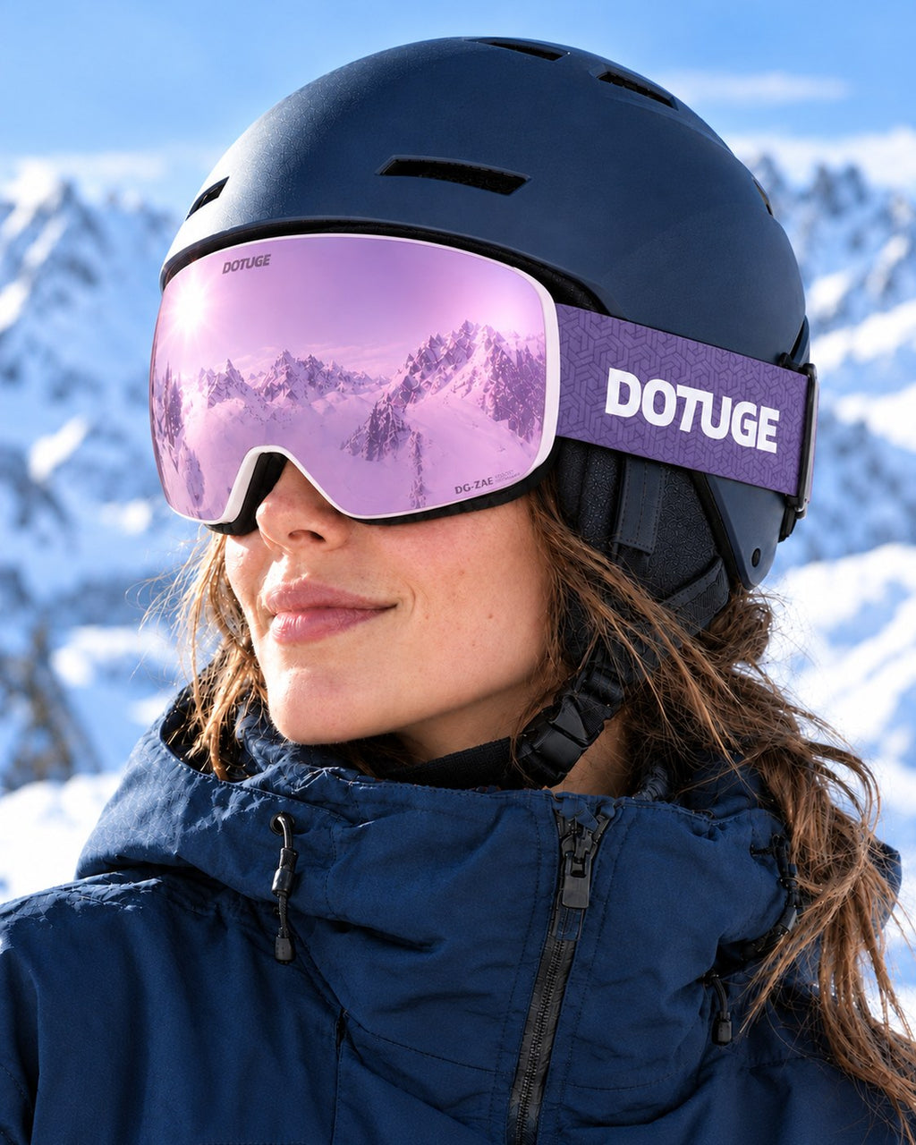 Orbit 4 | Snow Goggles | Photochromic Spherical Lens, UV400 Protection | Skiing and Snowboarding-Purple Lens / White Frame / Purple Strap – worn with a ski helmet, close-up – Snowledge
