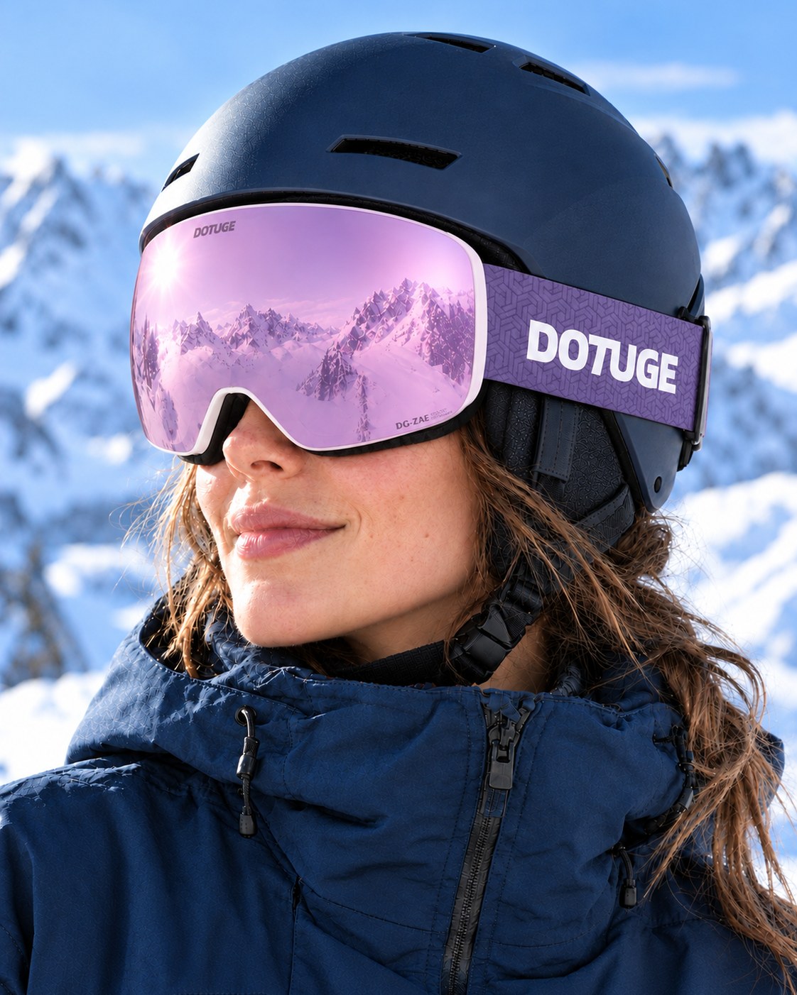 Orbit 4 | Snow Goggles | Photochromic Spherical Lens, UV400 Protection | Skiing and Snowboarding-Purple Lens / White Frame / Purple Strap – worn with a ski helmet, close-up – Snowledge