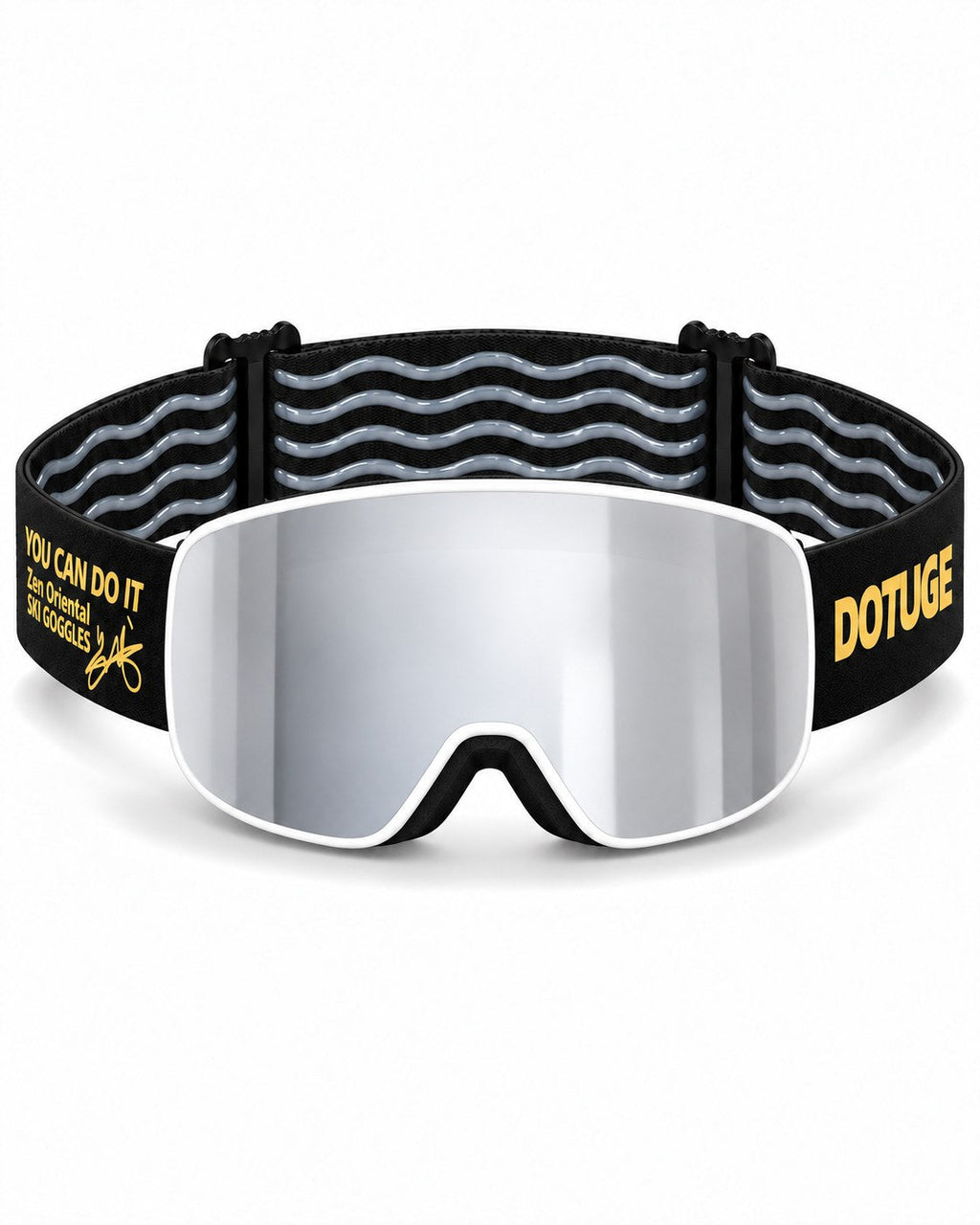 Pebble | Kids Snow Goggles | Cylindrical Lens, UV400 Protection | Skiing and Snowboarding-Silver Lens / White Frame / Black Strap – front view, studio – Snowledge