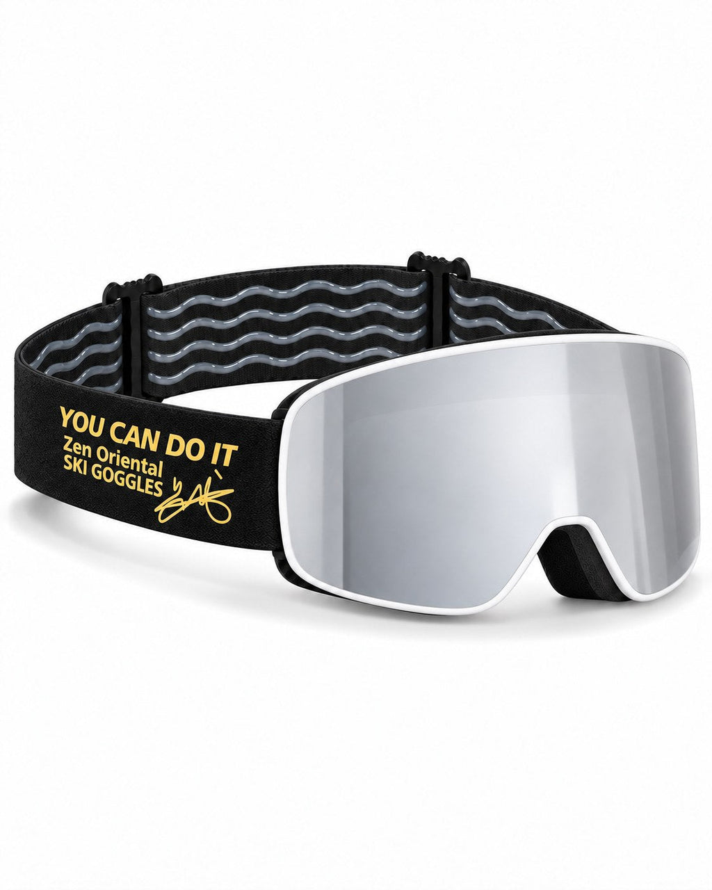 Pebble | Kids Snow Goggles | Cylindrical Lens, UV400 Protection | Skiing and Snowboarding-Silver Lens / White Frame / Black Strap – opposite side view, studio – Snowledge