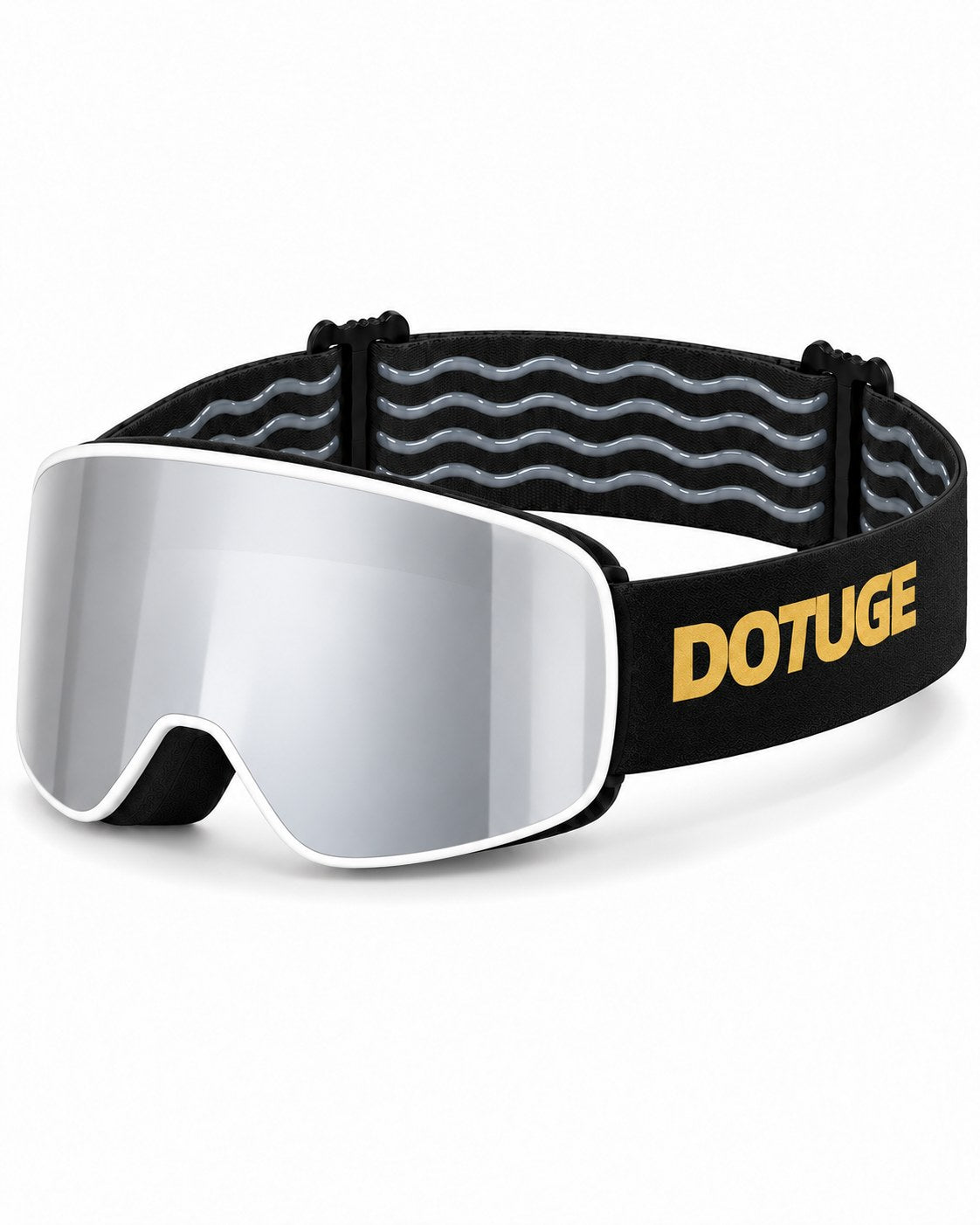 Pebble | Kids Snow Goggles | Cylindrical Lens, UV400 Protection | Skiing and Snowboarding-Silver Lens / White Frame / Black Strap – three-quarter view, studio – Snowledge