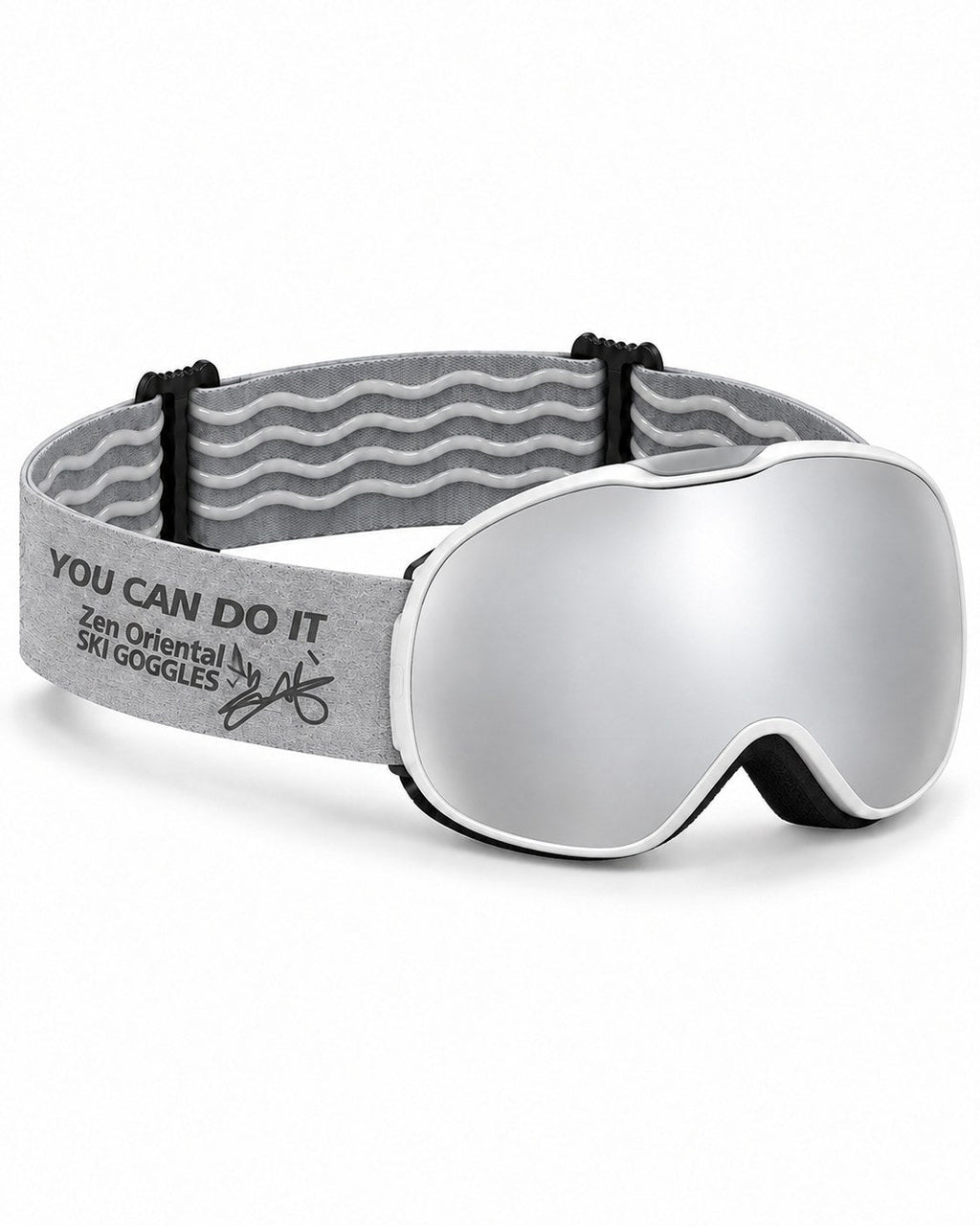 Pip | Kids Snow Goggles | Spherical Lens, UV400 Protection | Skiing and Snowboarding-Silver Lens / White Frame / Gray Strap – opposite side view, studio – Snowledge