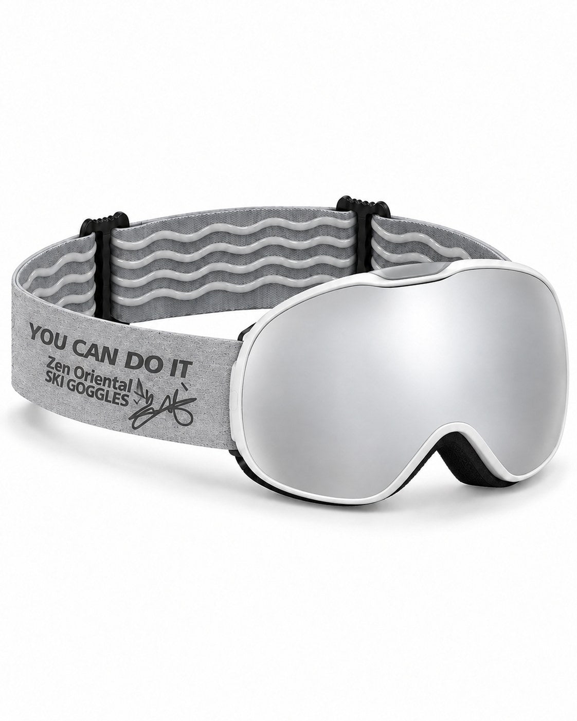 Pip | Kids Snow Goggles | Spherical Lens, UV400 Protection | Skiing and Snowboarding-Silver Lens / White Frame / Gray Strap – opposite side view, studio – Snowledge