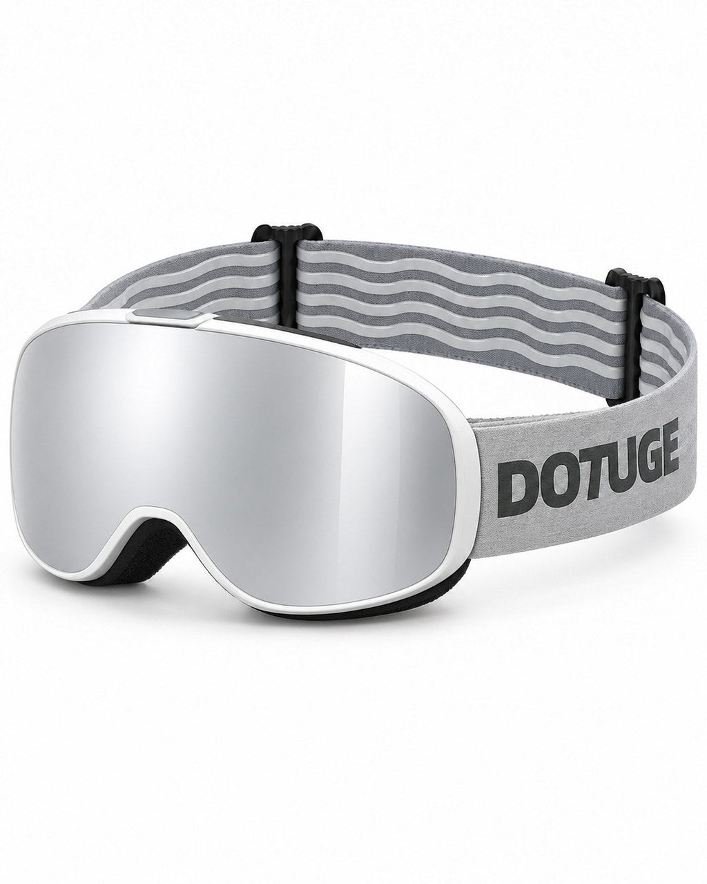 Pip | Kids Snow Goggles | Spherical Lens, UV400 Protection | Skiing and Snowboarding-Silver Lens / White Frame / Gray Strap – three-quarter view, studio – Snowledge