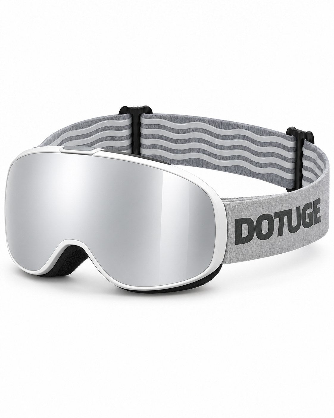 Pip | Kids Snow Goggles | Spherical Lens, UV400 Protection | Skiing and Snowboarding-Silver Lens / White Frame / Gray Strap – three-quarter view, studio – Snowledge