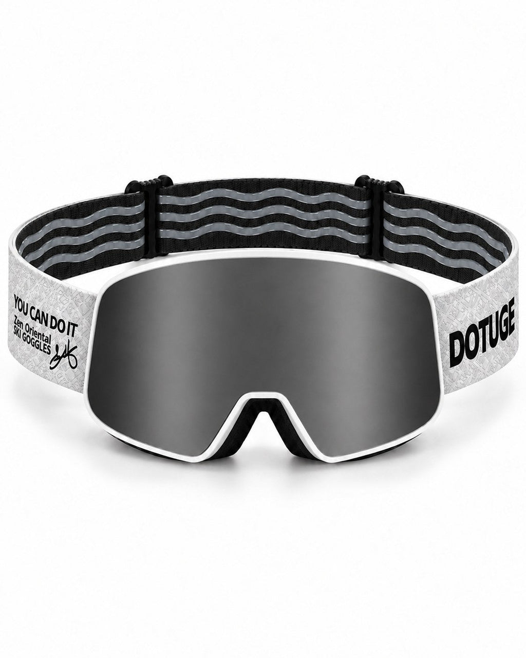 Powder 2 | Snow Goggles | Photochromic Cylindrical Lens, UV400 Protection | Skiing and Snowboarding-Black Lens / White Frame / White Strap – front view, studio – Snowledge