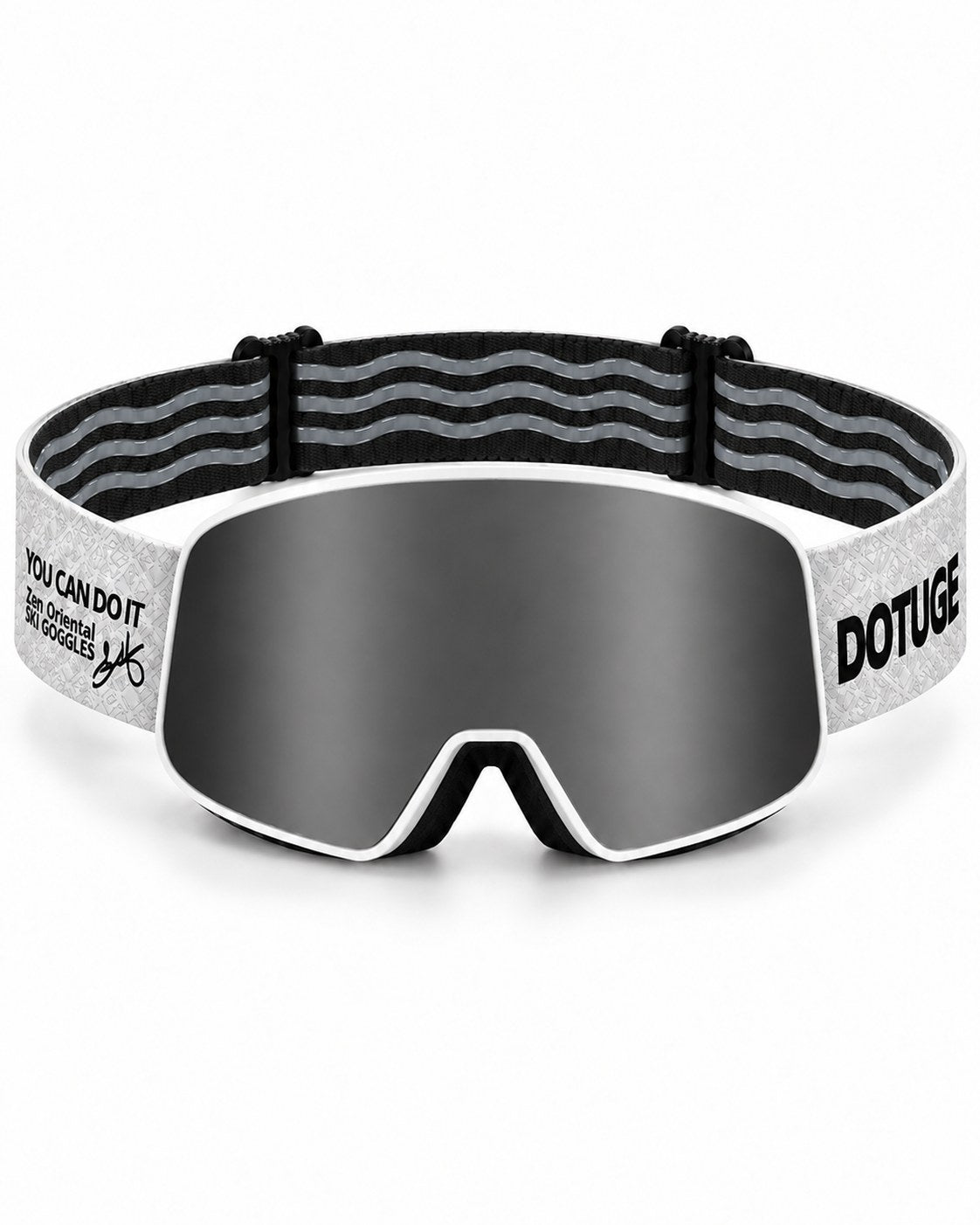 Powder 2 | Snow Goggles | Photochromic Cylindrical Lens, UV400 Protection | Skiing and Snowboarding-Black Lens / White Frame / White Strap – front view, studio – Snowledge