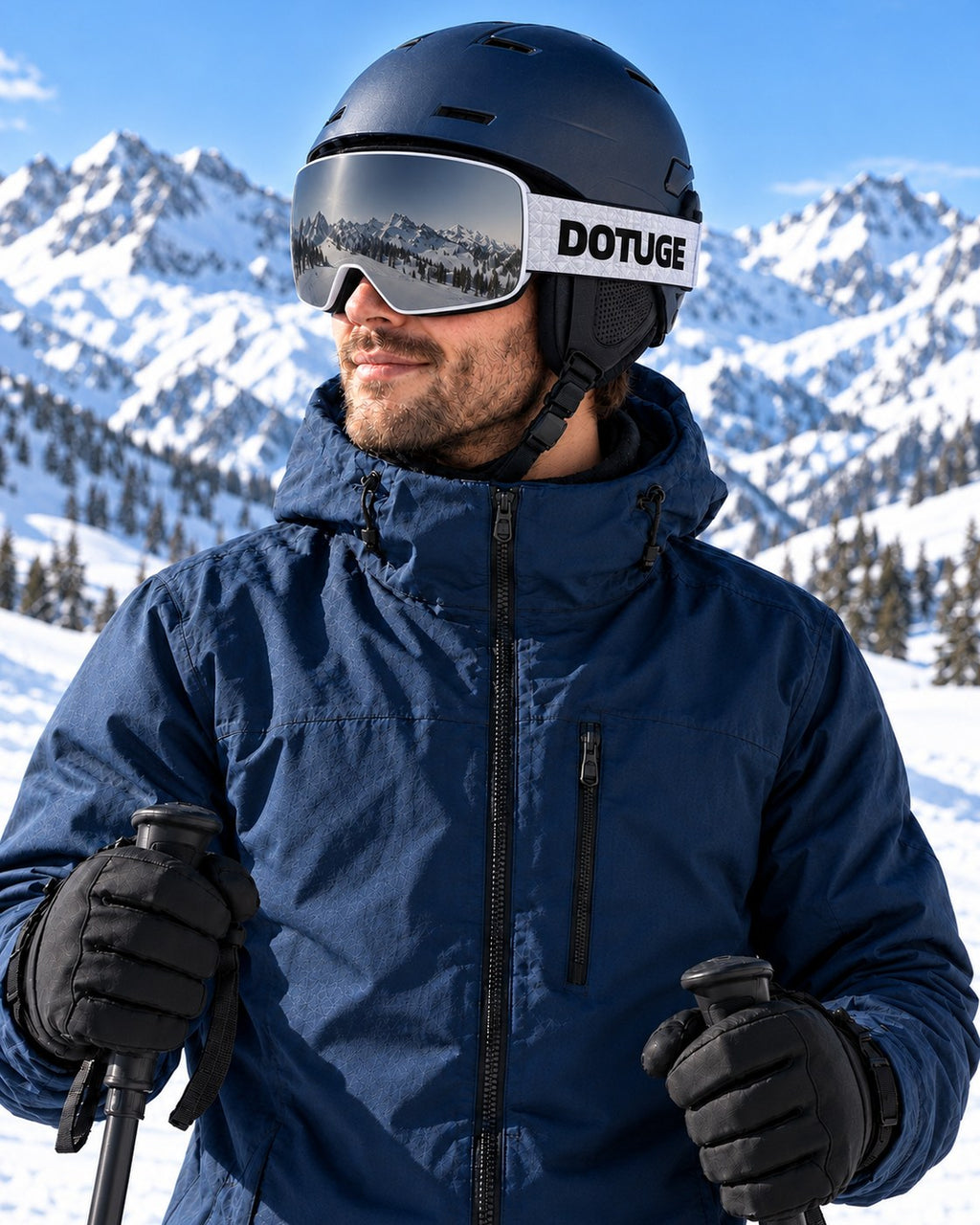 Powder 2 | Snow Goggles | Photochromic Cylindrical Lens, UV400 Protection | Skiing and Snowboarding-Black Lens / White Frame / White Strap – worn by a skier on the slopes – Snowledge