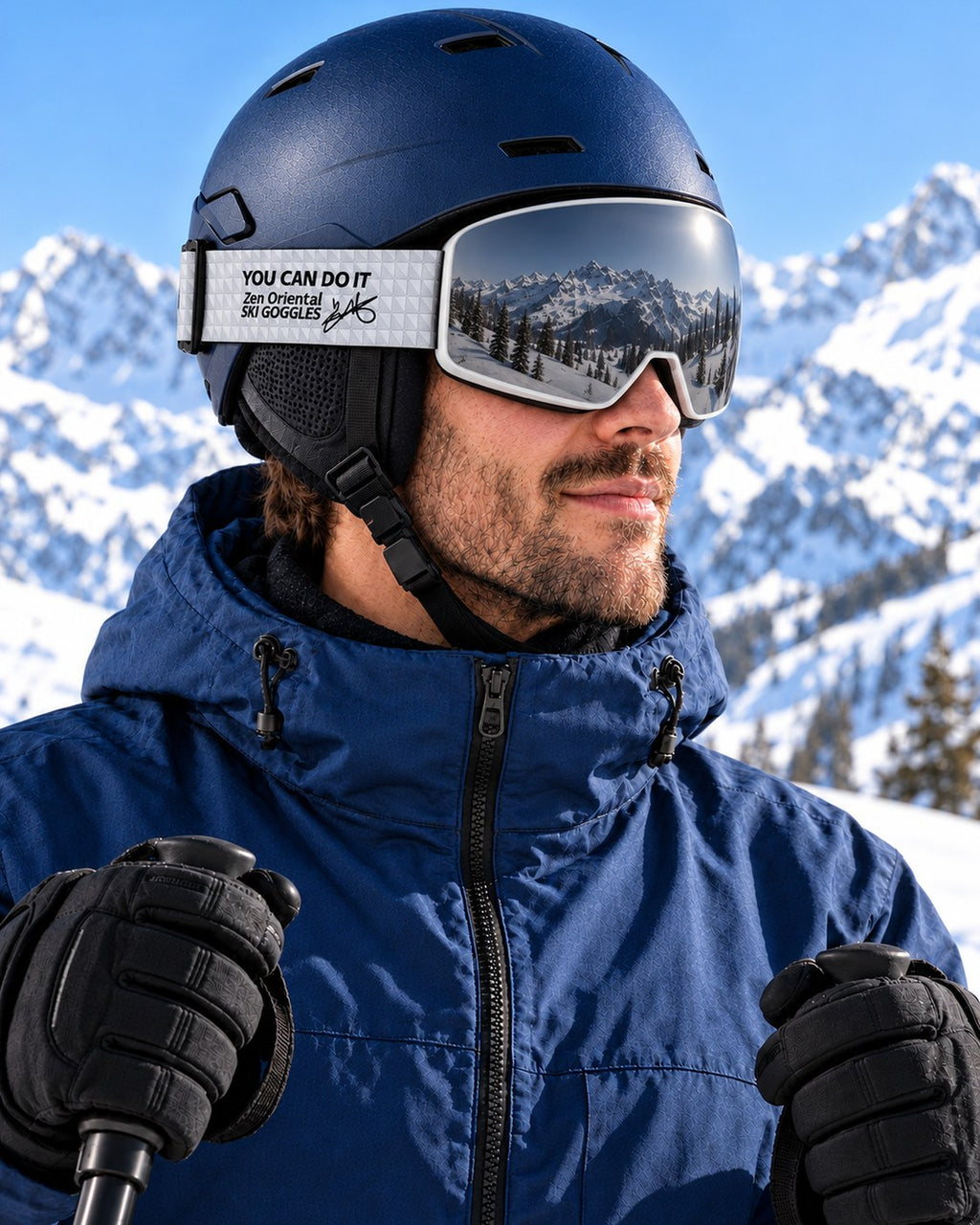 Powder 2 | Snow Goggles | Photochromic Cylindrical Lens, UV400 Protection | Skiing and Snowboarding-Black Lens / White Frame / White Strap – side view worn by a skier – Snowledge