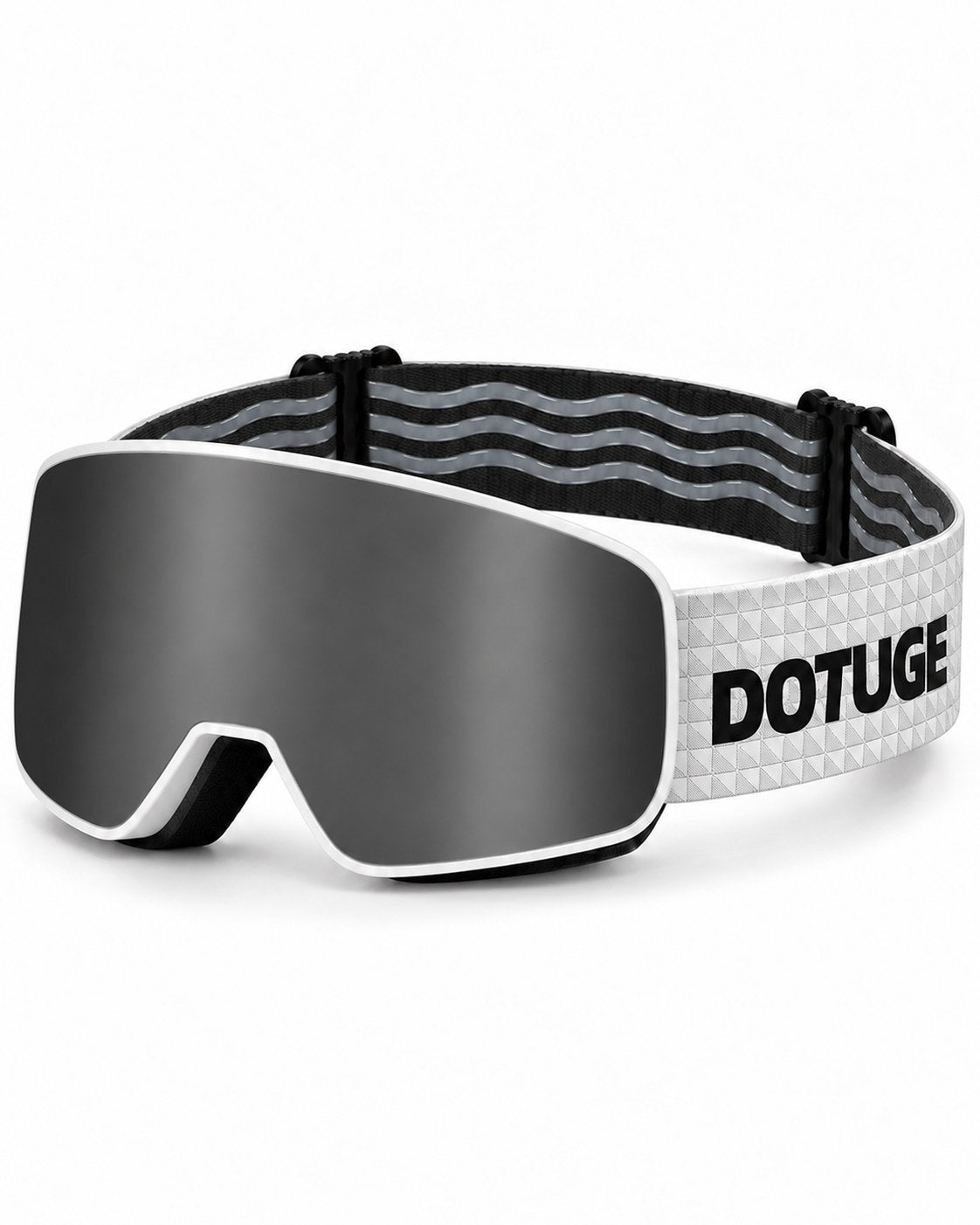 Powder 2 | Snow Goggles | Photochromic Cylindrical Lens, UV400 Protection | Skiing and Snowboarding-Black Lens / White Frame / White Strap – three-quarter view, studio – Snowledge