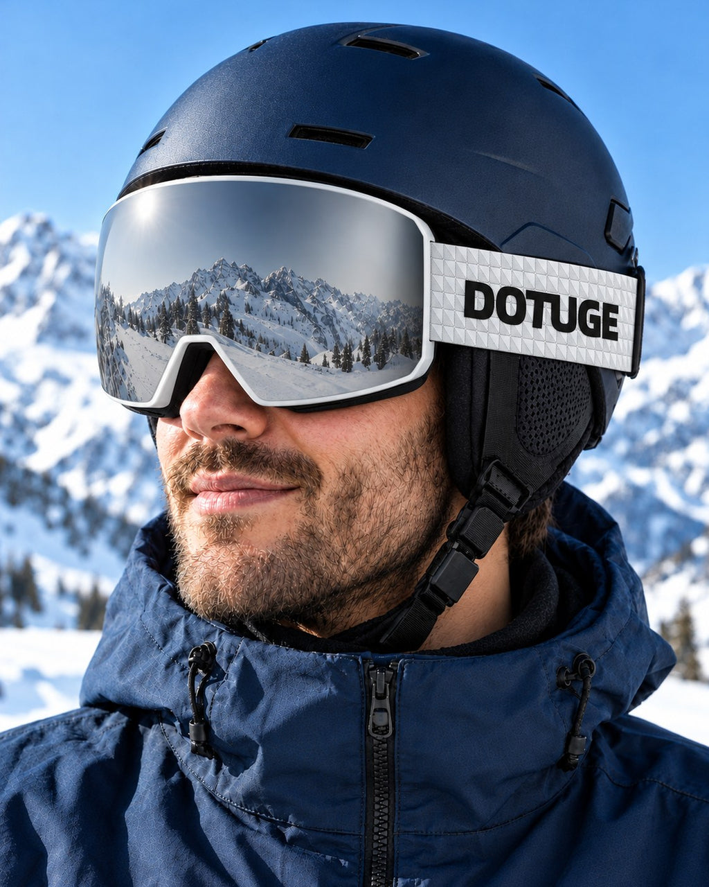 Powder 2 | Snow Goggles | Photochromic Cylindrical Lens, UV400 Protection | Skiing and Snowboarding-Black Lens / White Frame / White Strap – worn with a ski helmet, close-up – Snowledge
