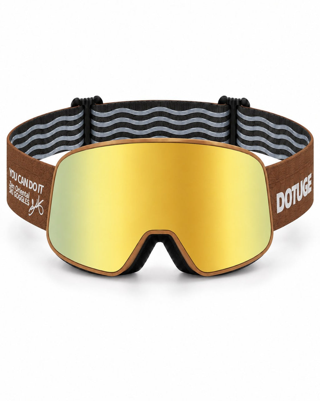 Powder | Snow Goggles | Cylindrical Lens, UV400 Protection | Skiing and Snowboarding-Gold Lens / Brown Frame / Brown Strap – front view, studio – Snowledge
