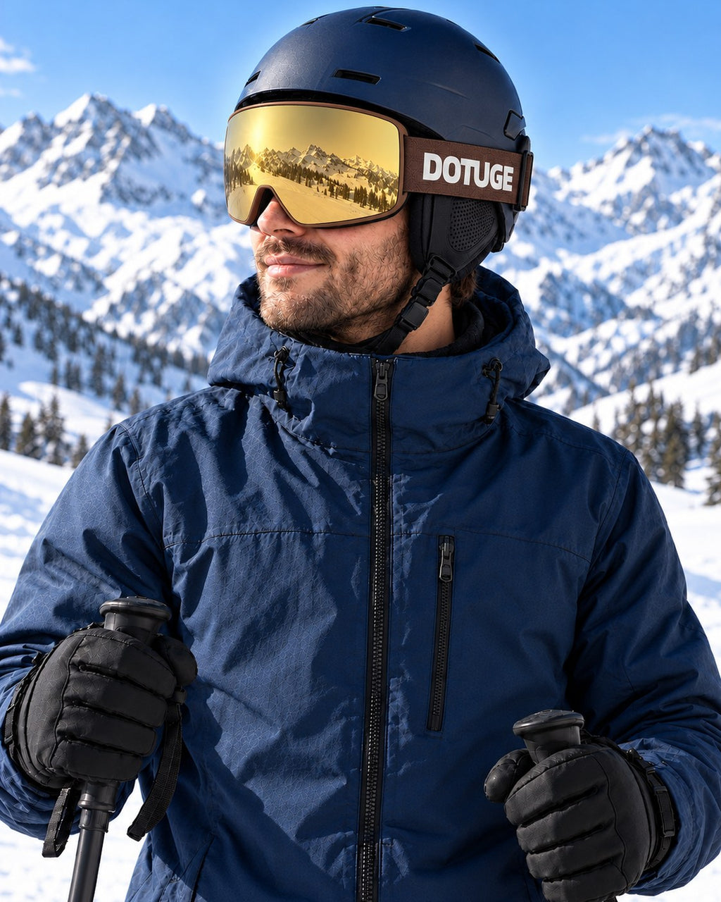 Powder | Snow Goggles | Cylindrical Lens, UV400 Protection | Skiing and Snowboarding-Gold Lens / Brown Frame / Brown Strap – worn by a skier on the slopes – Snowledge