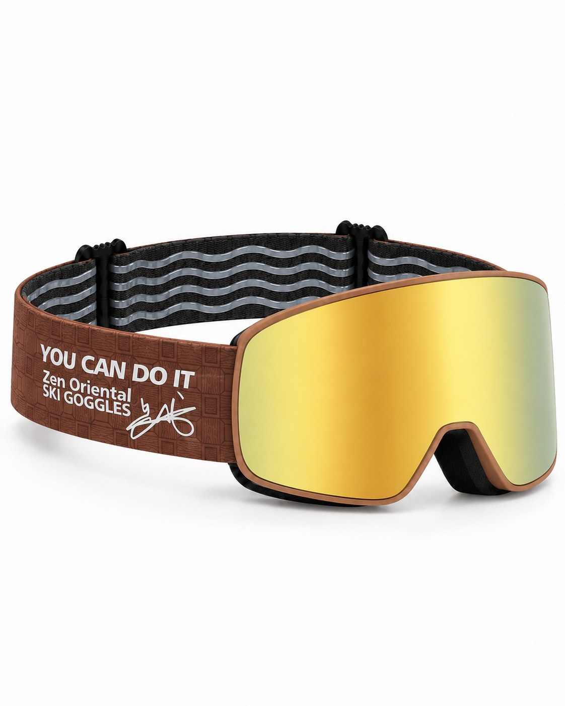 Powder | Snow Goggles | Cylindrical Lens, UV400 Protection | Skiing and Snowboarding-Gold Lens / Brown Frame / Brown Strap – opposite side view, studio – Snowledge