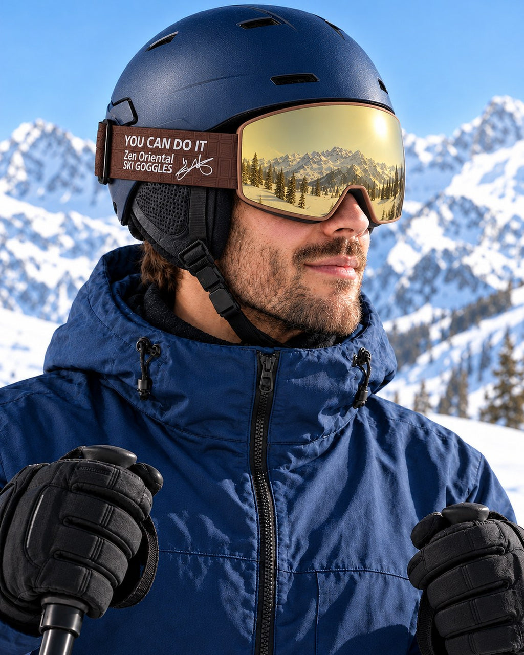 Powder | Snow Goggles | Cylindrical Lens, UV400 Protection | Skiing and Snowboarding-Gold Lens / Brown Frame / Brown Strap – side view worn by a skier – Snowledge