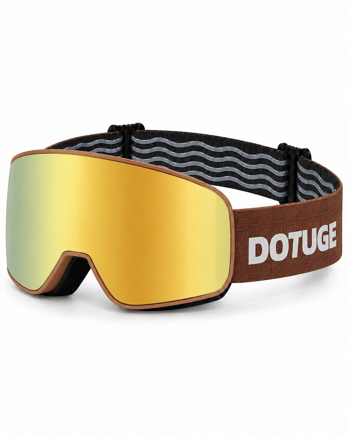 Powder | Snow Goggles | Cylindrical Lens, UV400 Protection | Skiing and Snowboarding-Gold Lens / Brown Frame / Brown Strap – three-quarter view, studio – Snowledge