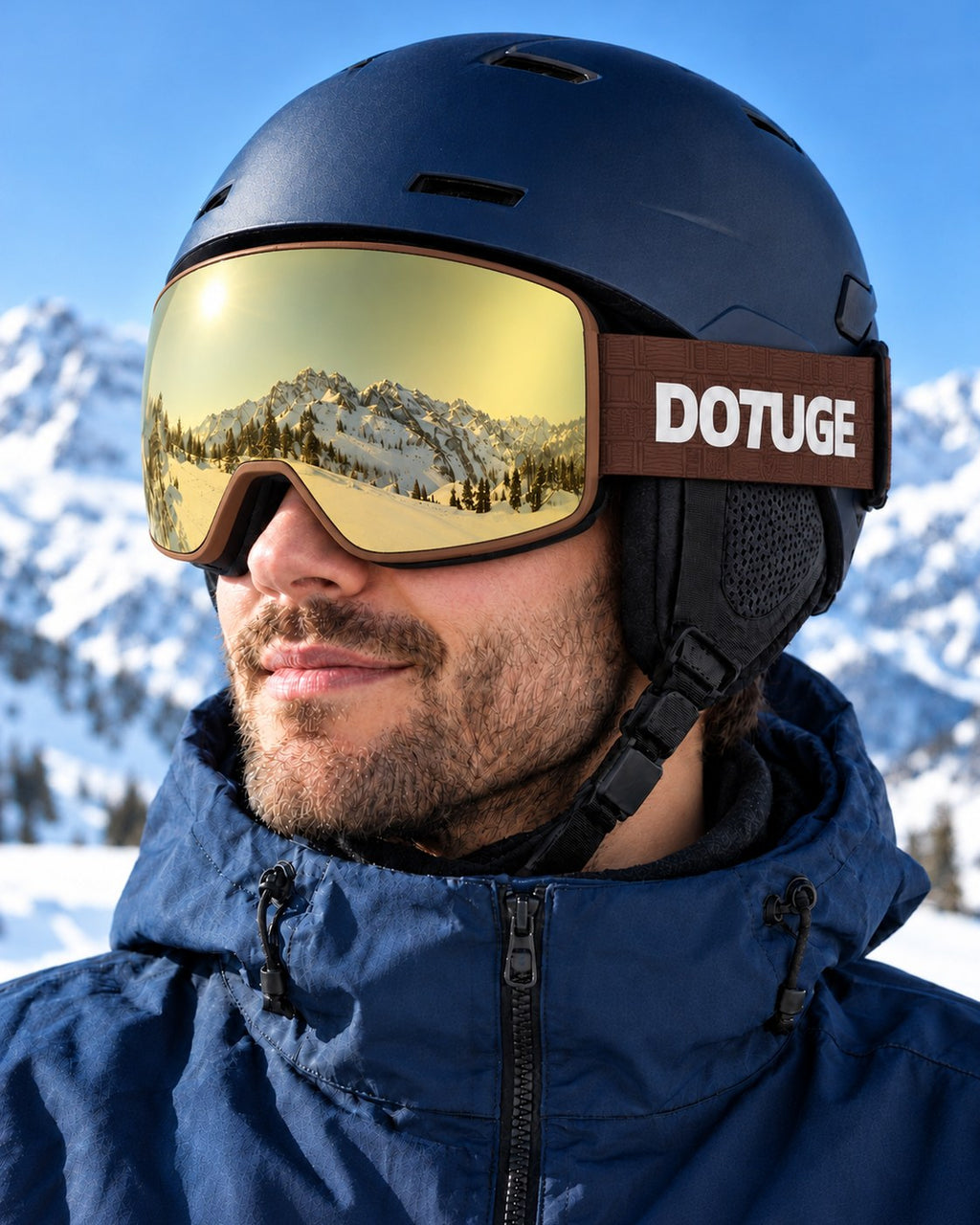 Powder | Snow Goggles | Cylindrical Lens, UV400 Protection | Skiing and Snowboarding-Gold Lens / Brown Frame / Brown Strap – worn with a ski helmet, close-up – Snowledge