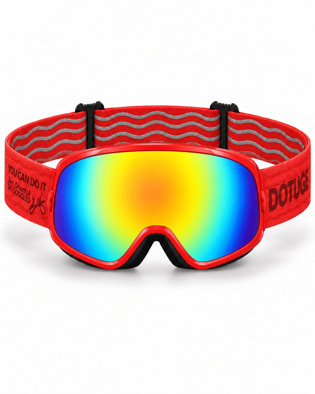 Rascal | Kids Snow Goggles | Spherical Lens, UV400 Protection | Skiing and Snowboarding-Rainbow Lens / Red Frame / Red Strap – front view, studio – Snowledge