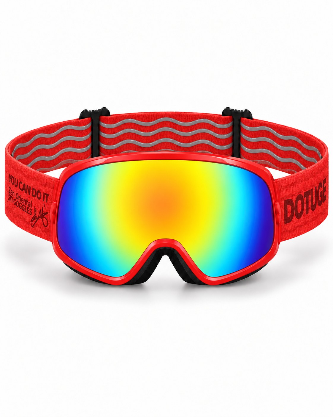 Rascal | Kids Snow Goggles | Spherical Lens, UV400 Protection | Skiing and Snowboarding-Rainbow Lens / Red Frame / Red Strap – front view, studio – Snowledge
