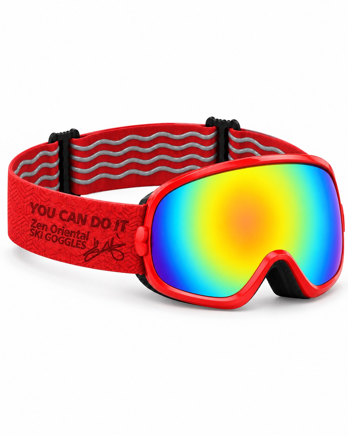 Rascal | Kids Snow Goggles | Spherical Lens, UV400 Protection | Skiing and Snowboarding-Rainbow Lens / Red Frame / Red Strap – opposite side view, studio – Snowledge