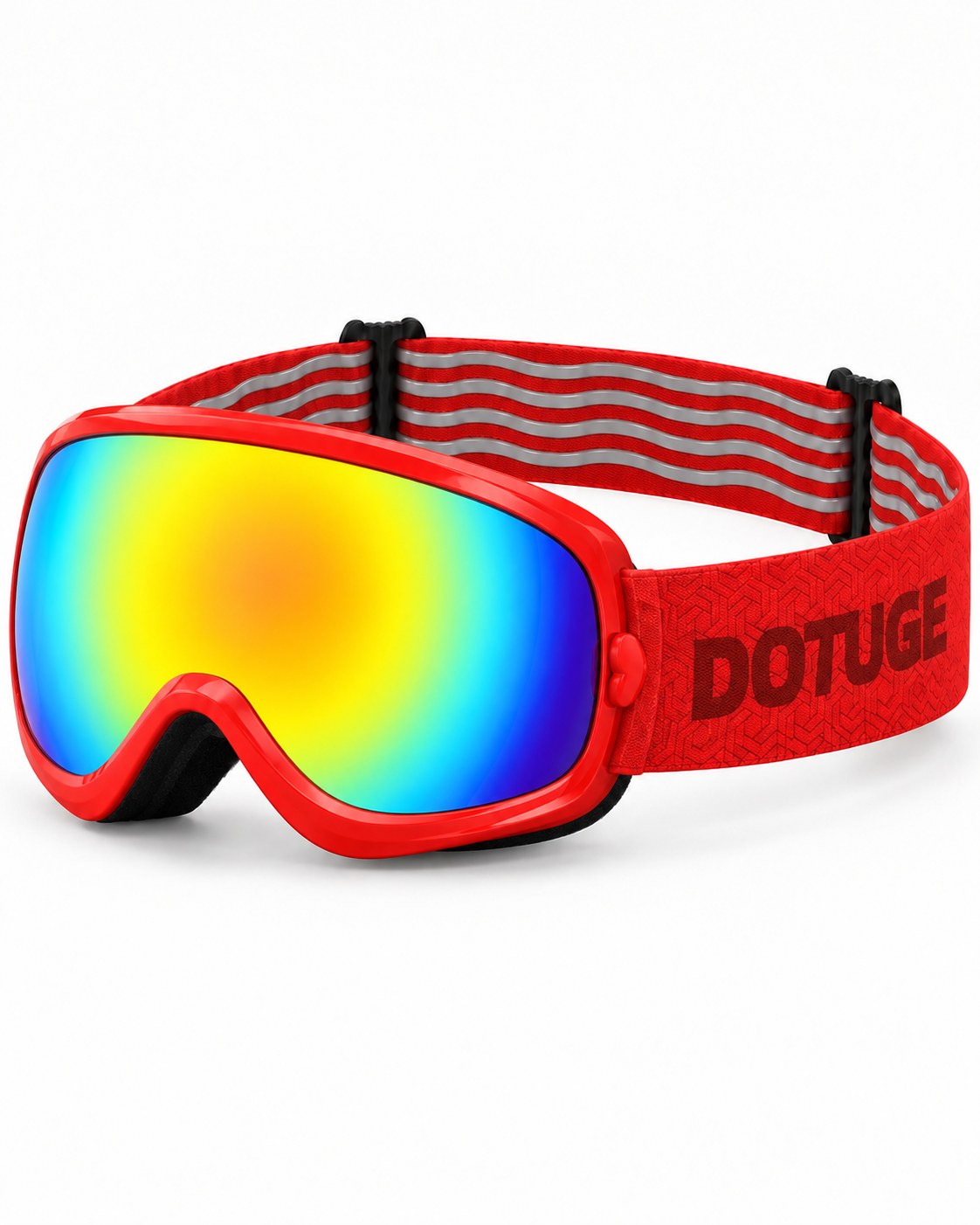 Rascal | Kids Snow Goggles | Spherical Lens, UV400 Protection | Skiing and Snowboarding-Rainbow Lens / Red Frame / Red Strap – three-quarter view, studio – Snowledge