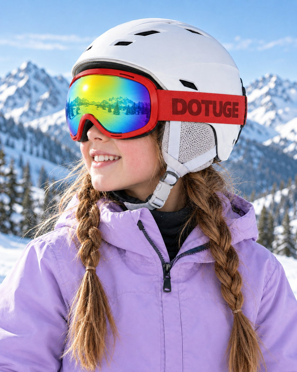 Rascal | Kids Snow Goggles | Spherical Lens, UV400 Protection | Skiing and Snowboarding-Rainbow Lens / Red Frame / Red Strap – worn with a ski helmet, close-up – Snowledge