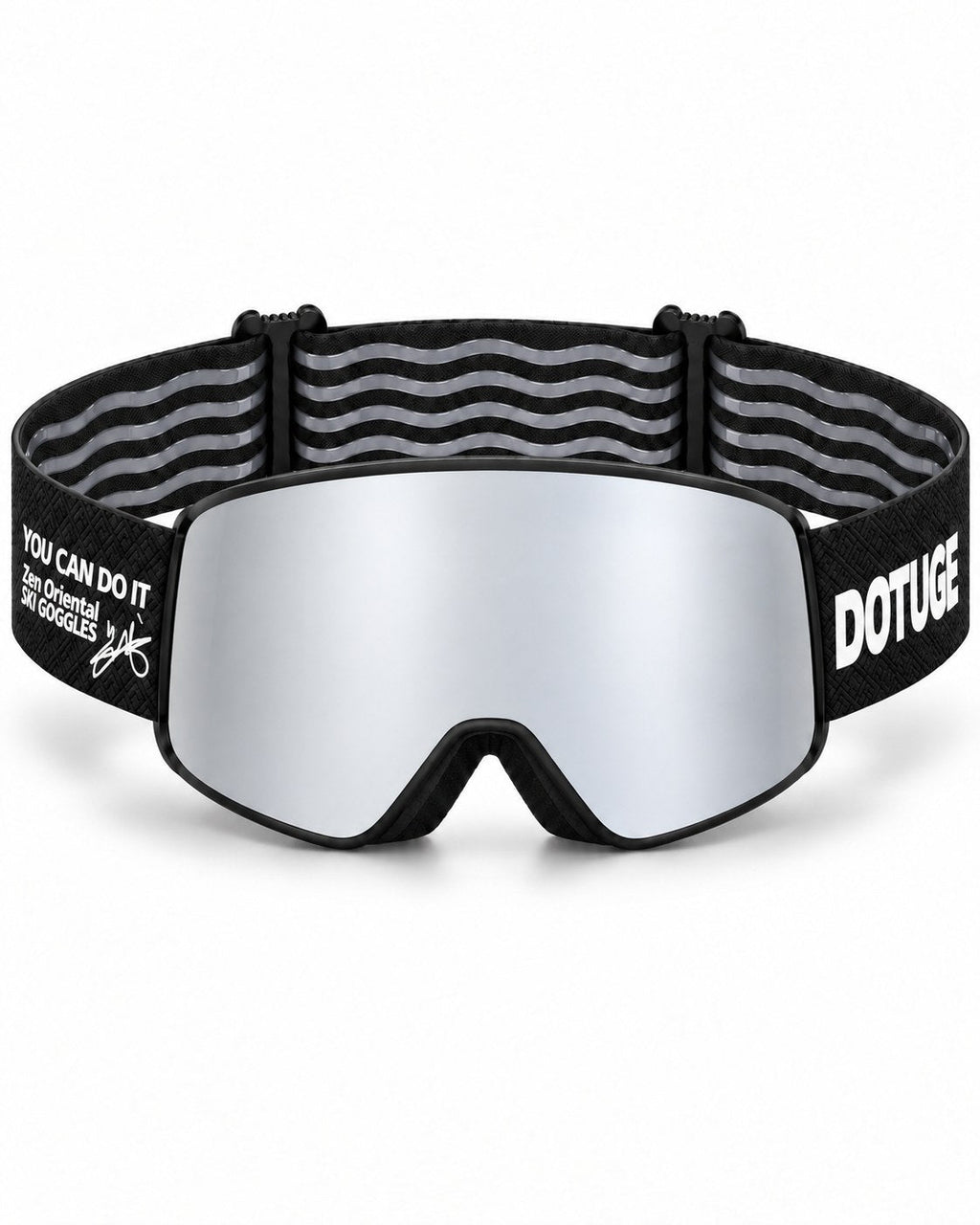Ridge | Snow Goggles | Cylindrical Lens, UV400 Protection | Skiing and Snowboarding-Silver Lens / Black Frame / Black Strap – front view, studio – Snowledge
