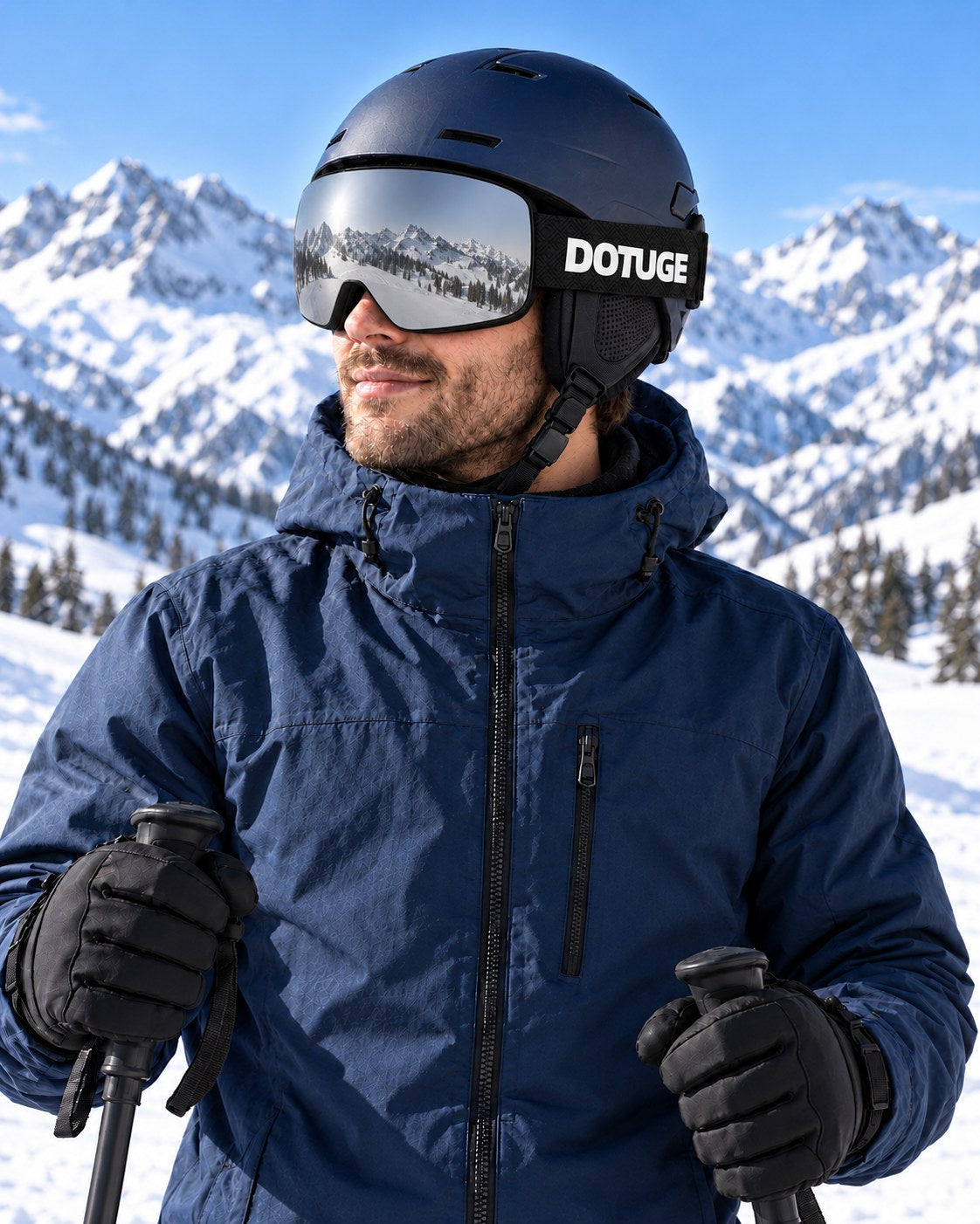 Ridge | Snow Goggles | Cylindrical Lens, UV400 Protection | Skiing and Snowboarding-Silver Lens / Black Frame / Black Strap – worn by a skier on the slopes – Snowledge