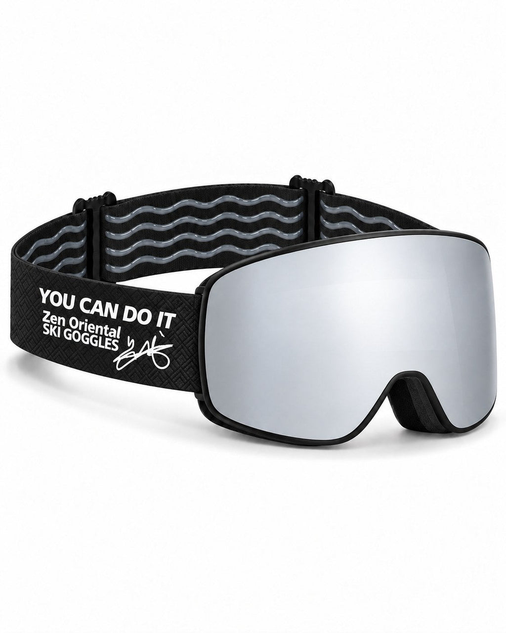 Ridge | Snow Goggles | Cylindrical Lens, UV400 Protection | Skiing and Snowboarding-Silver Lens / Black Frame / Black Strap – opposite side view, studio – Snowledge