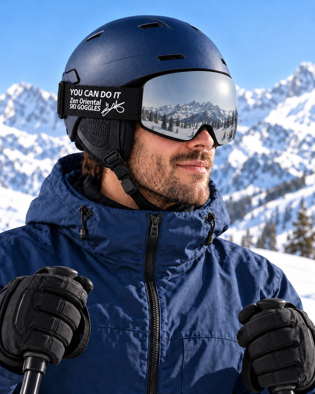 Ridge | Snow Goggles | Cylindrical Lens, UV400 Protection | Skiing and Snowboarding-Silver Lens / Black Frame / Black Strap – side view worn by a skier – Snowledge