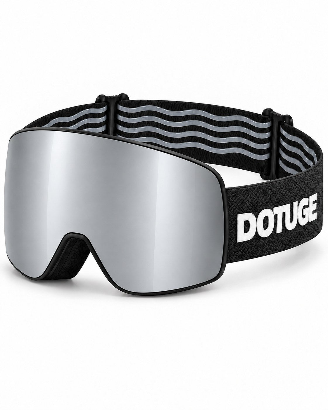 Ridge | Snow Goggles | Cylindrical Lens, UV400 Protection | Skiing and Snowboarding-Silver Lens / Black Frame / Black Strap – three-quarter view, studio – Snowledge