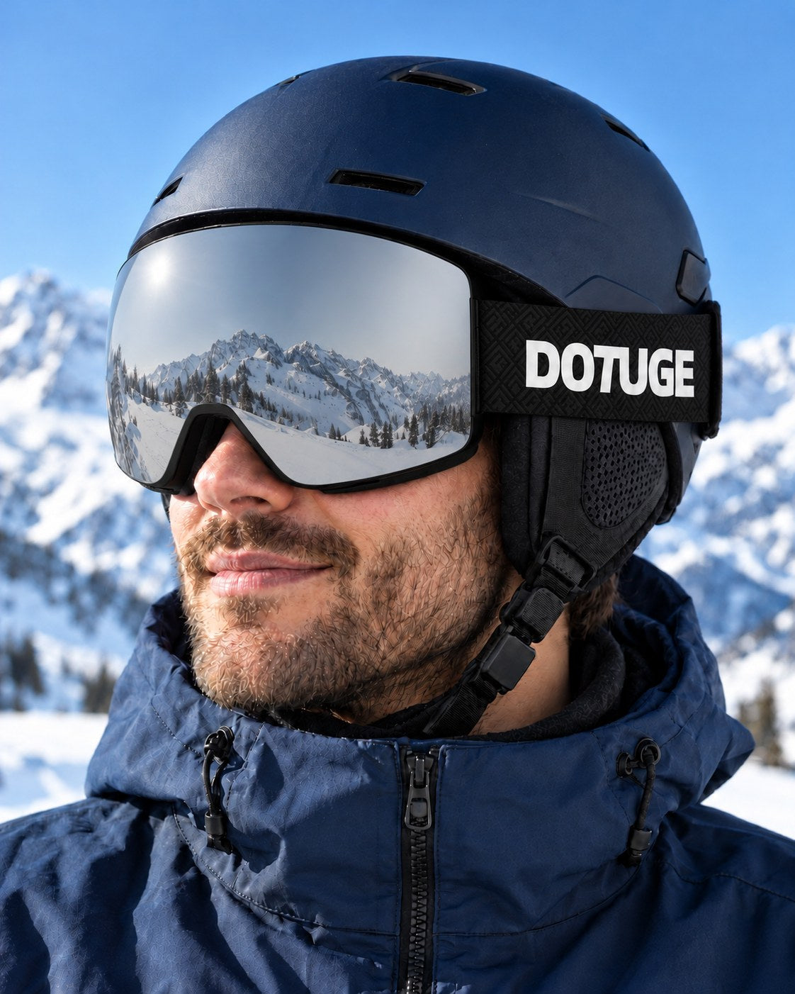 Ridge | Snow Goggles | Cylindrical Lens, UV400 Protection | Skiing and Snowboarding-Silver Lens / Black Frame / Black Strap – worn with a ski helmet, close-up – Snowledge