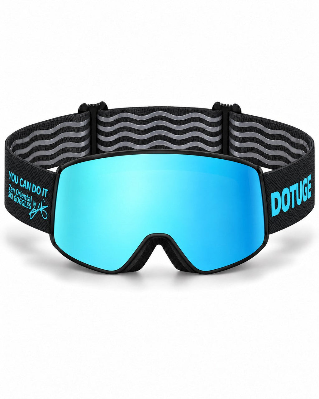 Shift | Snow Goggles | Photochromic Cylindrical Lens, UV400 Protection | Skiing and Snowboarding-Ice Blue Lens / Black Frame / Black Strap – front view, studio – Snowledge
