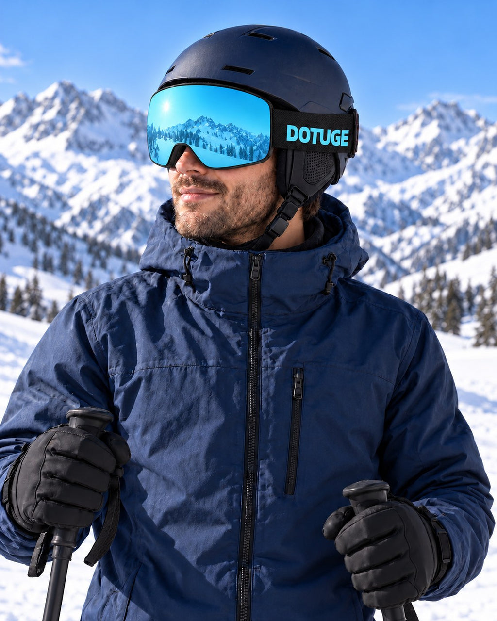 Shift | Snow Goggles | Photochromic Cylindrical Lens, UV400 Protection | Skiing and Snowboarding-Ice Blue Lens / Black Frame / Black Strap – worn by a skier on the slopes – Snowledge