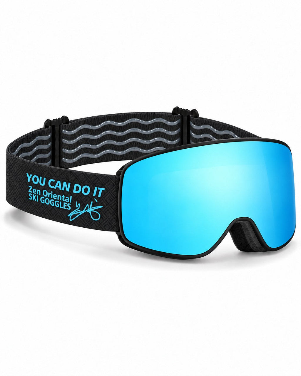 Shift | Snow Goggles | Photochromic Cylindrical Lens, UV400 Protection | Skiing and Snowboarding-Ice Blue Lens / Black Frame / Black Strap – opposite side view, studio – Snowledge