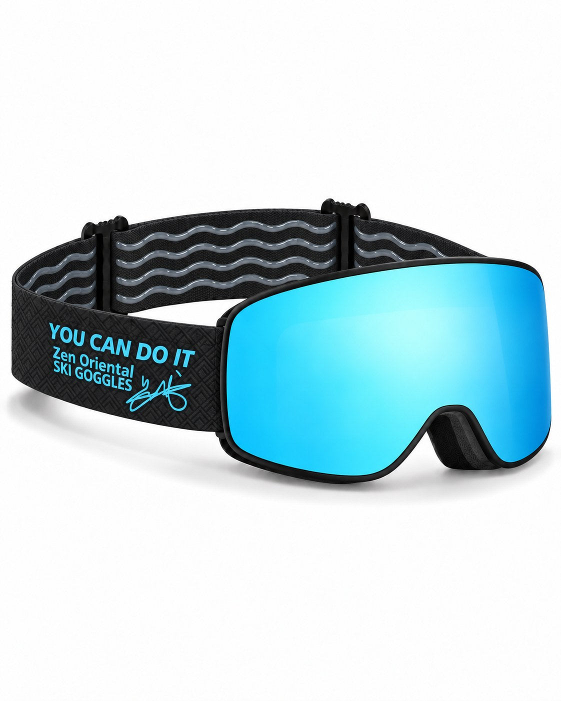 Shift | Snow Goggles | Photochromic Cylindrical Lens, UV400 Protection | Skiing and Snowboarding-Ice Blue Lens / Black Frame / Black Strap – opposite side view, studio – Snowledge