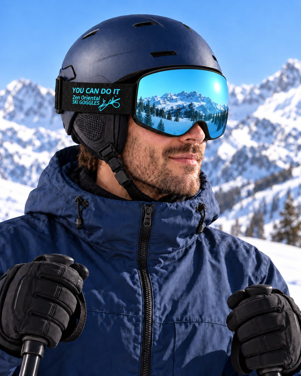 Shift | Snow Goggles | Photochromic Cylindrical Lens, UV400 Protection | Skiing and Snowboarding-Ice Blue Lens / Black Frame / Black Strap – side view worn by a skier – Snowledge